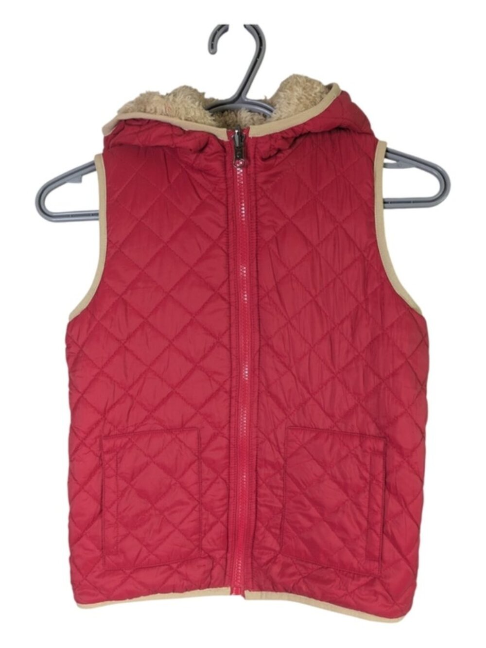 ZYIA Kids Red Quilted Reversible Hooded Vest with Tan Sherpa Accent Size 8/9